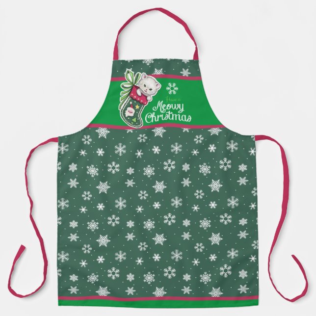 Meowy Christmas Apron Red and Green (Front)