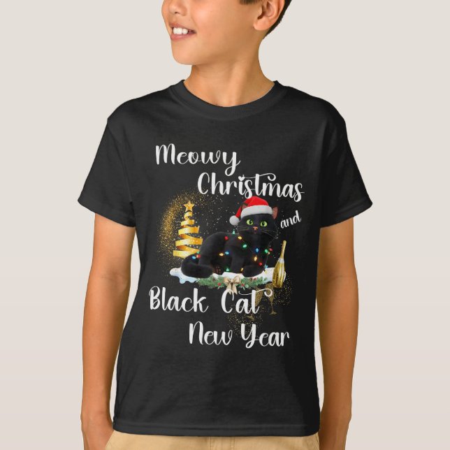 Meowy Christmas Black Cat Funny Santa Hat Happy Ne T-Shirt (Front)