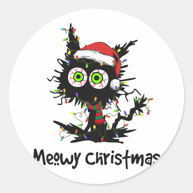 Meowy Christmas Black Cat Light Christmas Pyjamas  Classic Round Sticker (Front)