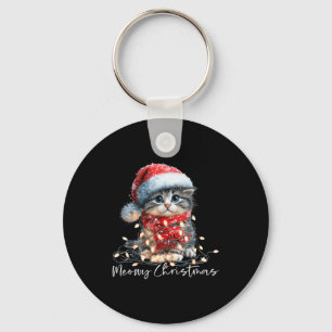 Meowy Christmas Black Cat Lights Santa Hat Funny H Key Ring
