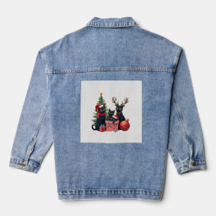 Meowy Christmas Black Cats Play Christmas Tree Lig Denim Jacket