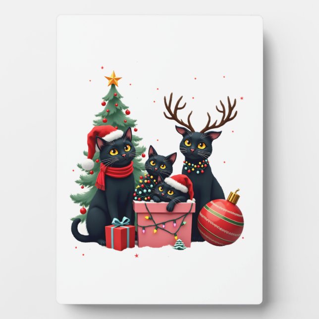 Meowy Christmas Black Cats Play Christmas Tree Lig Plaque (Front)