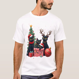 Meowy Christmas Black Cats Play Christmas Tree Lig T-Shirt
