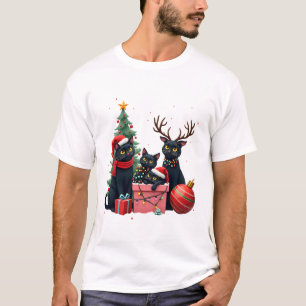 Meowy Christmas Black Cats Play Christmas Tree Lig T-Shirt