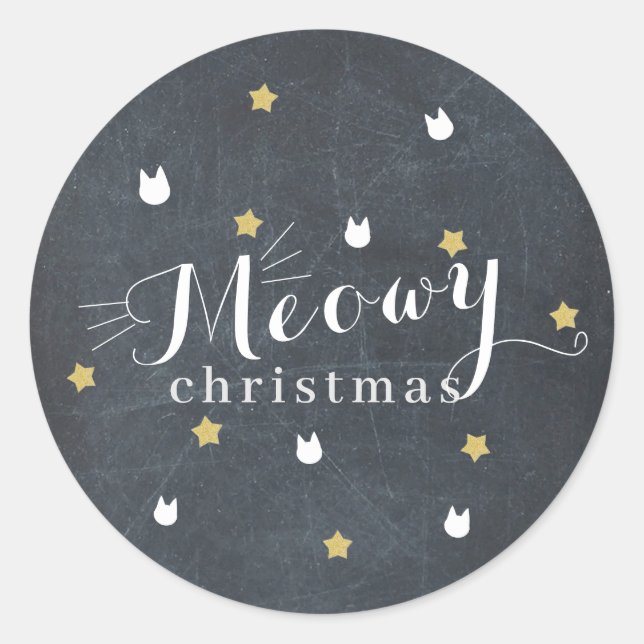 Meowy Christmas Black Chalkboard Cat Star Holiday Classic Round Sticker (Front)