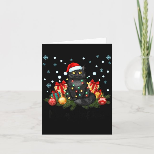 Meowy Christmas Black Cute Cat Santa Hat Xmas Wome Card (Front)