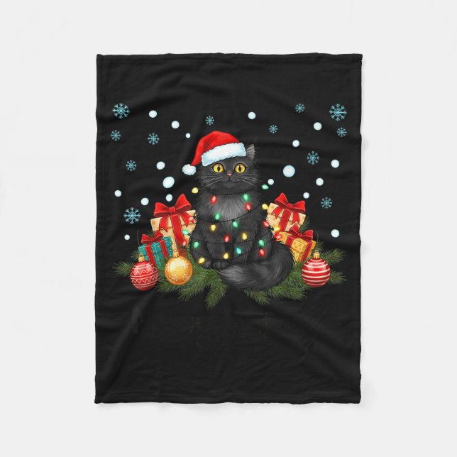 Meowy Christmas Black Cute Cat Santa Hat Xmas Wome Fleece Blanket (Front)
