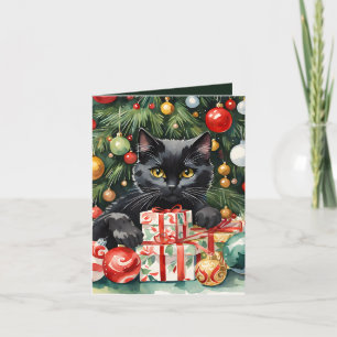  Meowy Christmas Black Kitten & Christmas Tree Holiday Card