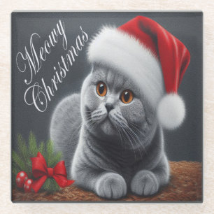 Meowy Christmas British Shorthair Santa Cat Glass Coaster