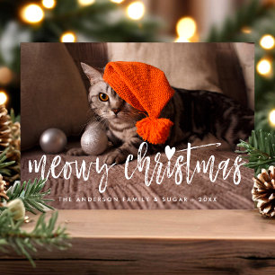 Meowy Christmas Brush Script Modern Pet Cat Photo Holiday Card