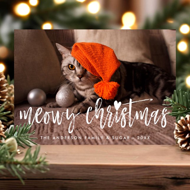 Meowy Christmas Brush Script Modern Pet Cat Photo Holiday Card (Creator Uploaded)