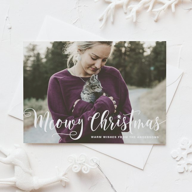 Meowy Christmas Calligraphy Modern Photo Cat Holiday Postcard (Creator Uploaded)