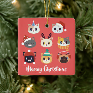 Meowy Christmas Cartoon Cats Photo on back Ceramic Ornament