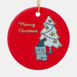 Meowy Christmas Cat and Tree   Ceramic Tree Decoration