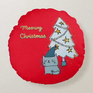 Meowy Christmas Cat and Tree Round Cushion