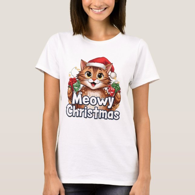 Meowy Christmas Cat . Funny Holiday Tee (Front)