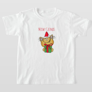 Meowy Christmas Cat Girls' Ruffle T-Shirt