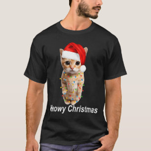 Meowy Christmas Cat Lights Cat Meme Cute Santa Hat T-Shirt