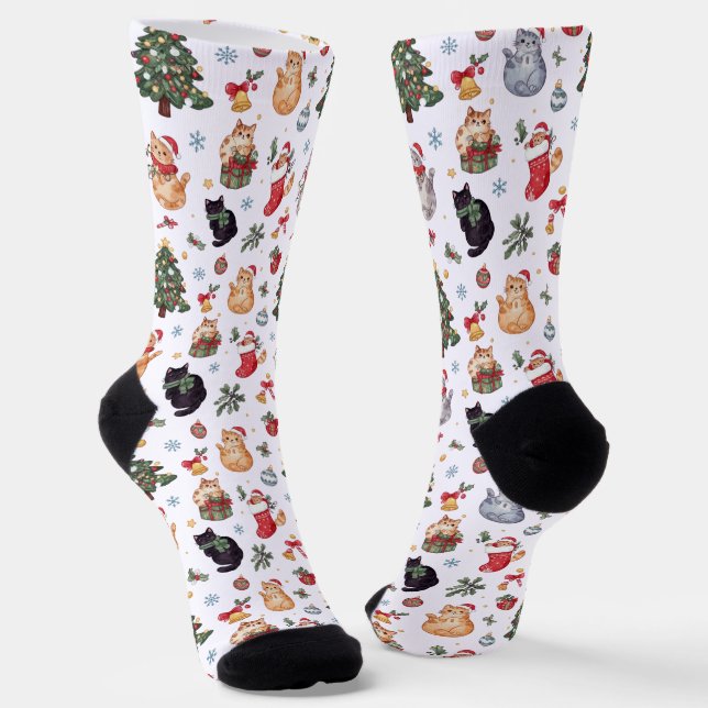 Meowy Christmas Cat Lover Crew Socks (Angled)