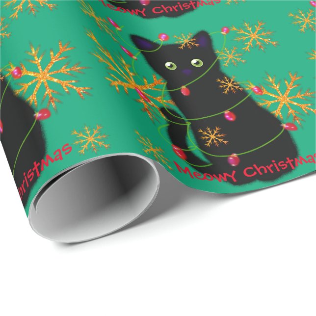 Meowy Christmas | cat lover gift | black cat  Wrapping Paper (Roll Corner)