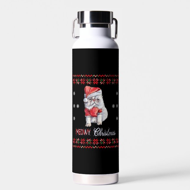 Meowy Christmas, Cat Lover Merry Christmas catmas Water Bottle (Front)