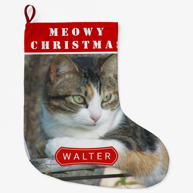 Meowy Christmas cat pet red Christmas photo Large Christmas Stocking (Front)