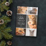 Meowy Christmas - Cat Photo Collage Announcement<br><div class="desc">Charming black and white Christmas card with Meowy Christmas written in white hand-lettered fonts,  decorated with ears and whiskers. Add five photos of your cat(s),  along with your names and the year.</div>