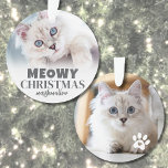 Meowy Christmas Cat Photo Ornament<br><div class="desc">Personalised "Meowy Christmas" Cat Photo Ornament. Bring some holiday cheer and humour to your decor with this playful cat ornament, perfect for those with a mischievous kitten or sassy kitty. The front features the festive text "Meowy Christmas" as a fun twist on the traditional greeting, along with your cat's name,...</div>
