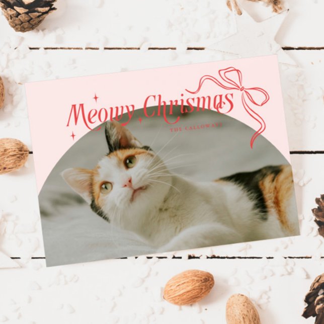 Meowy Christmas Cat Photo Pink Holiday Card (Creator Uploaded)