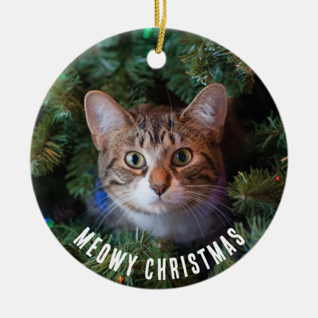Meowy Christmas Cat Photo Two Sided Ceramic Tree Decoration (Front)