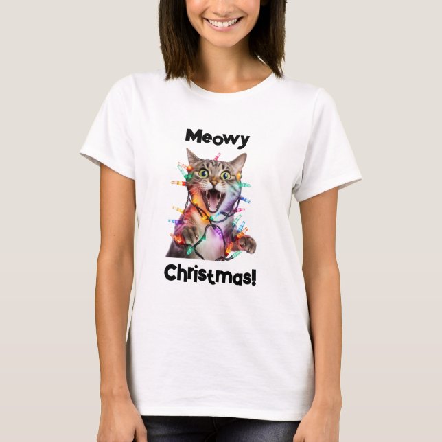 Meowy Christmas Cat Shirt Funny Holiday Tee (Front)