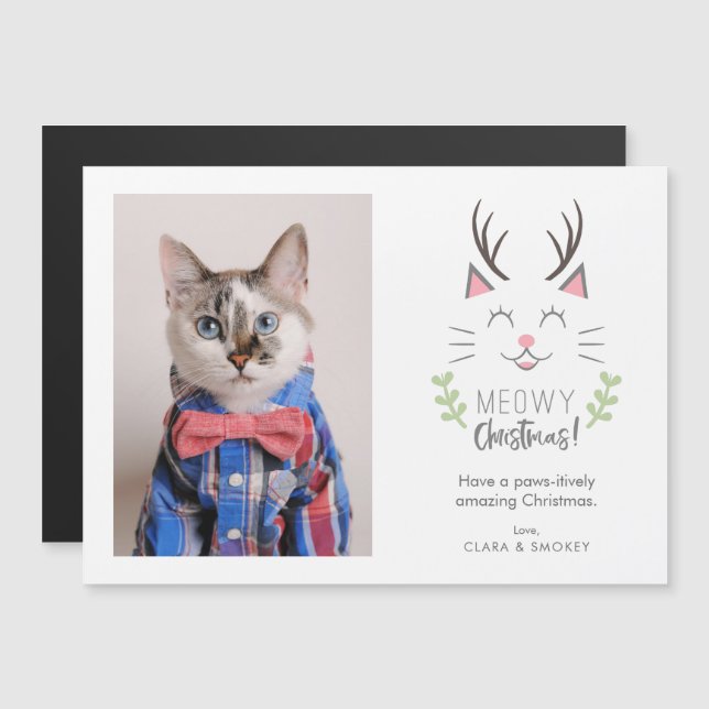 Meowy Christmas Cat with Antlers Christmas Magnet (Front/Back)