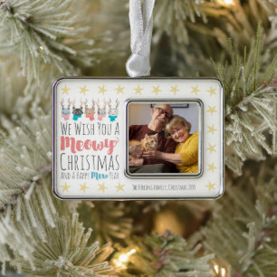 Meowy Christmas Cats + Antlers Holiday Mini Photo Silver Plated Framed Ornament