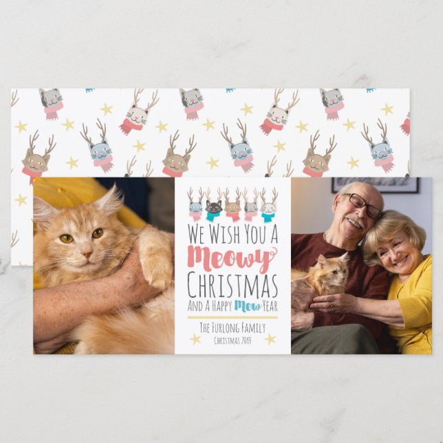 Meowy Christmas Cats + Antlers Holiday Photo Card (Front/Back)