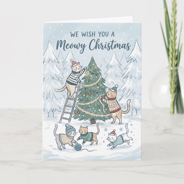 Meowy Christmas Cats Decorating Tree Holiday Card (Front)