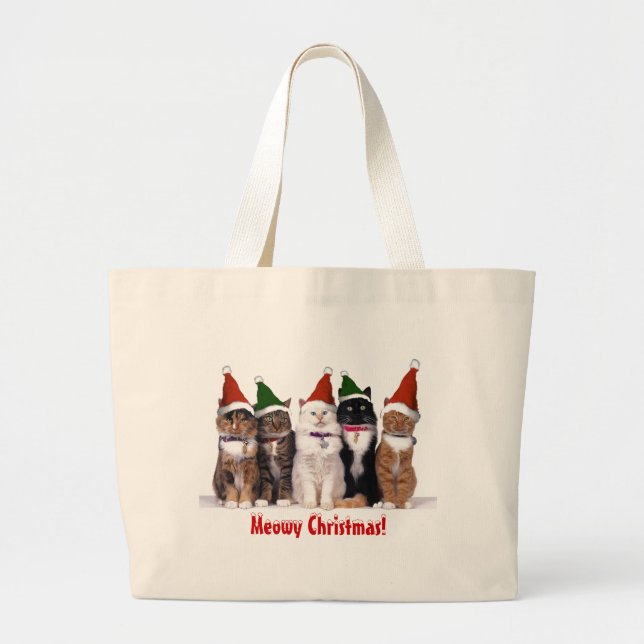 "Meowy Christmas Cats" Large Tote Bag (Front)