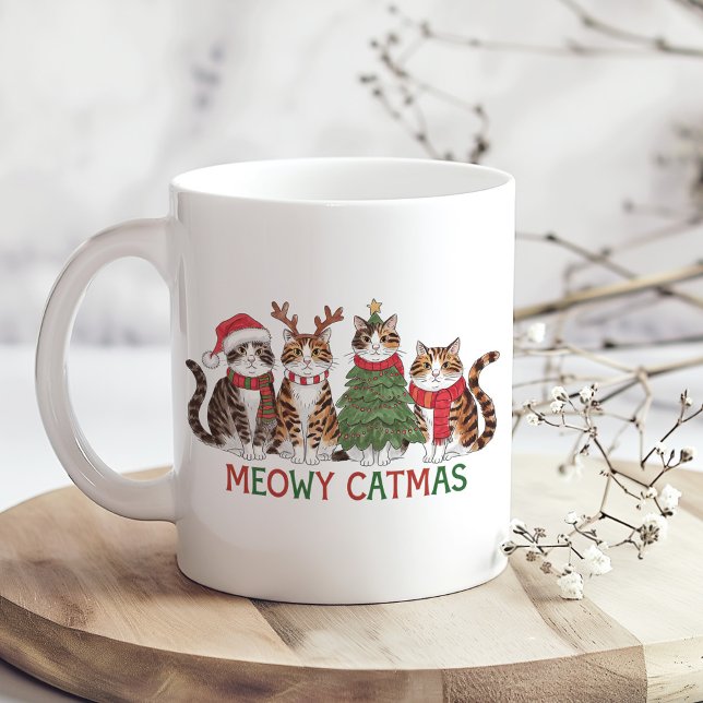 Meowy Christmas Cats with Lights Funny Holiday Coffee Mug (Meowy Christmas Cats with Lights Funny Holiday Coffee Mug on a boho kitchen table)