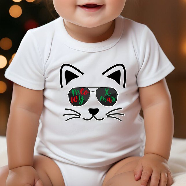 Meowy Christmas Cool Sunglasses Kitty Cat White Baby Bodysuit (Meowy Christmas Cool Sunglasses Kitty Cat White Baby Bodysuit)