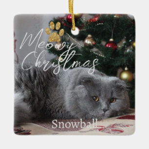 Meowy Christmas Custom Cat Photo & Paw Ceramic Ornament