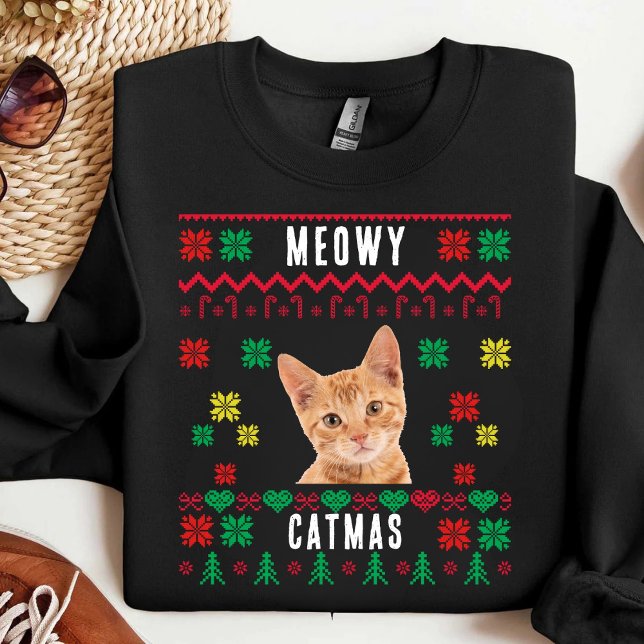 Meowy Christmas Custom Cat Photo Ugly Xmas  Sweatshirt (Creator Uploaded)