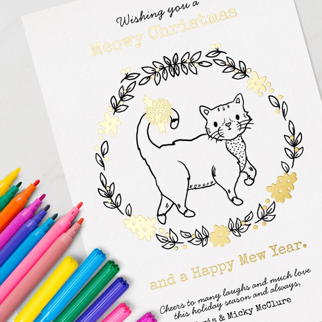 Meowy Christmas Cute Cat (Use markers for best results on these cute color-your-own cards!)