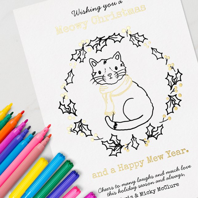 Meowy Christmas Cute Cat in Scarf (Color Your Own Personalized Christmas Cards)