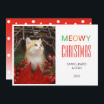 Meowy Christmas Cute Cat Photo Animal Lovers Pet  Holiday Card<br><div class="desc">A photo Christmas card for cat lovers. It has on the left a placeholder photo of a cute ginger kitten among red and green Christmas decorations. On the right there is the text: "Meowy Christmas" in big caps, and the names of the family and the cat in smaller black letters...</div>