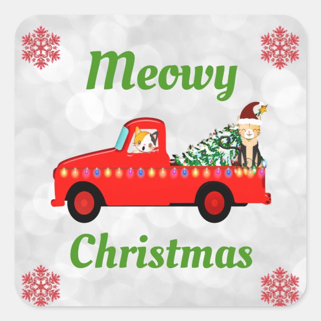 Meowy Christmas Cute Cat Red Truck Square Sticker (Front)