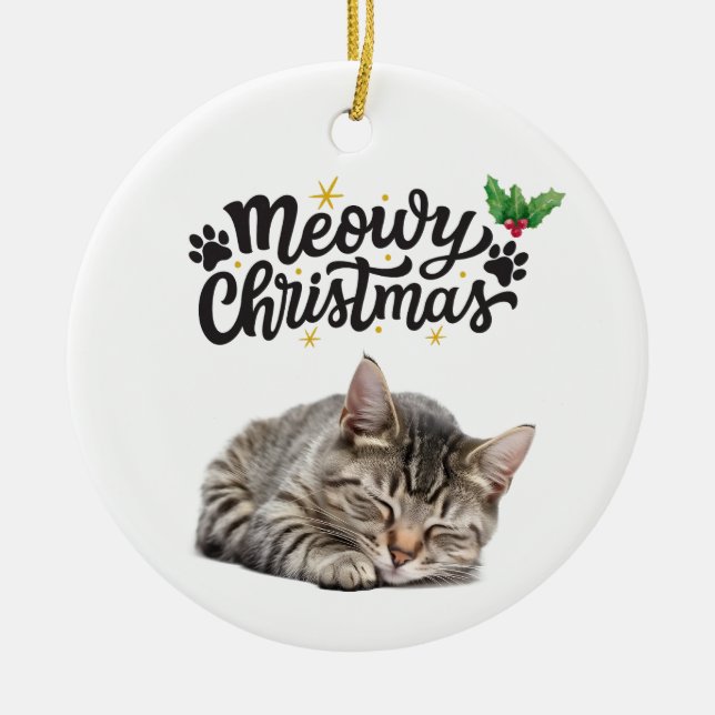 Meowy Christmas Cute Cat Sleeping  Ceramic Tree Decoration (Front)