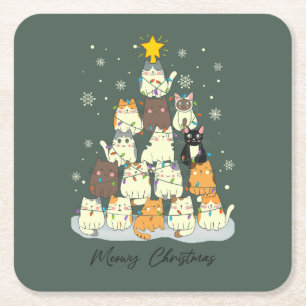 Meowy Christmas — Cute Cat Tree Square Paper Coaster