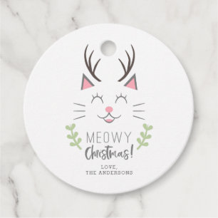 Meowy Christmas Cute Cat with Antlers Holiday Favour Tags
