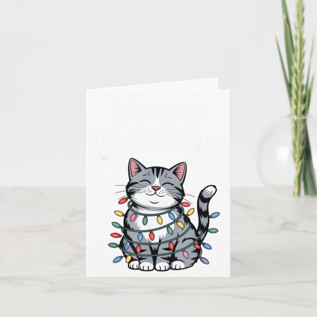 Meowy Christmas Cute Gray Tabby Cat Holiday Lights Card (Front)