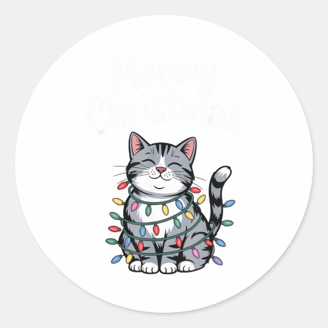 Meowy Christmas Cute Gray Tabby Cat Holiday Lights Classic Round Sticker (Front)