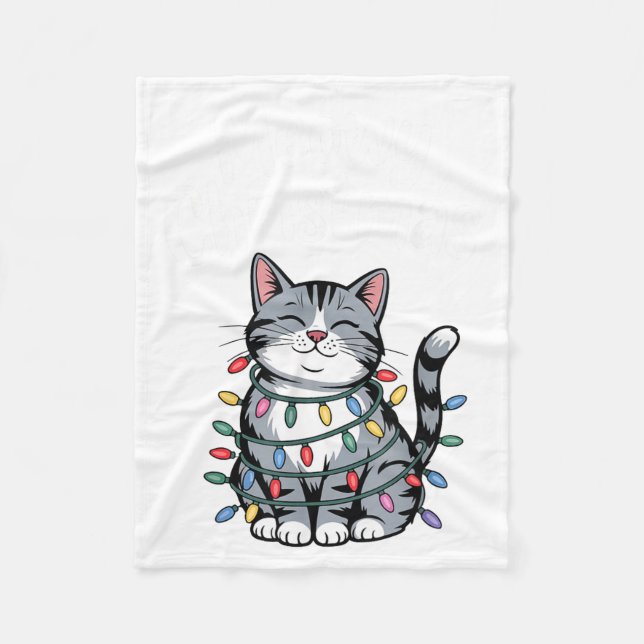 Meowy Christmas Cute Gray Tabby Cat Holiday Lights Fleece Blanket (Front)
